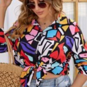 Plus Allover Geo Print Button Down Blouse